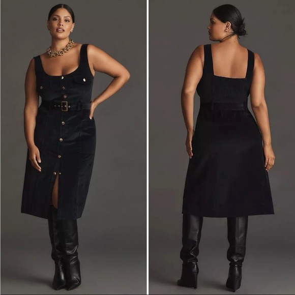 Anthropologie 18W Corduroy Slim Midi Navy & Gold Plus 2X Pinafore Dress As-Is - Picture 1 of 12